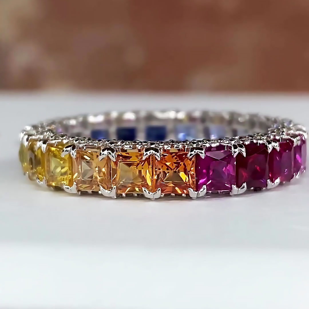 5.25ct Princess Cut Rainbow Sapphire Eternity Ring