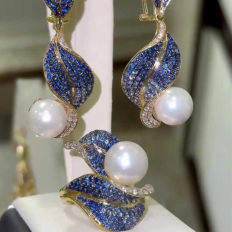 Leaf Design White Pearl&Gradient Sapphire Earrings&Ring Jewelry Set