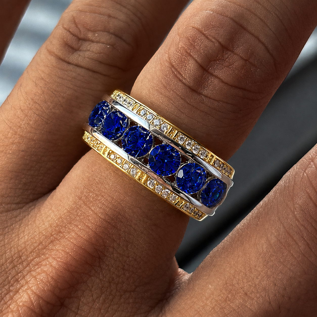 3.5ct Round Cut Blue / Black Sapphire Men's Eternity Ring (2 Color Options)