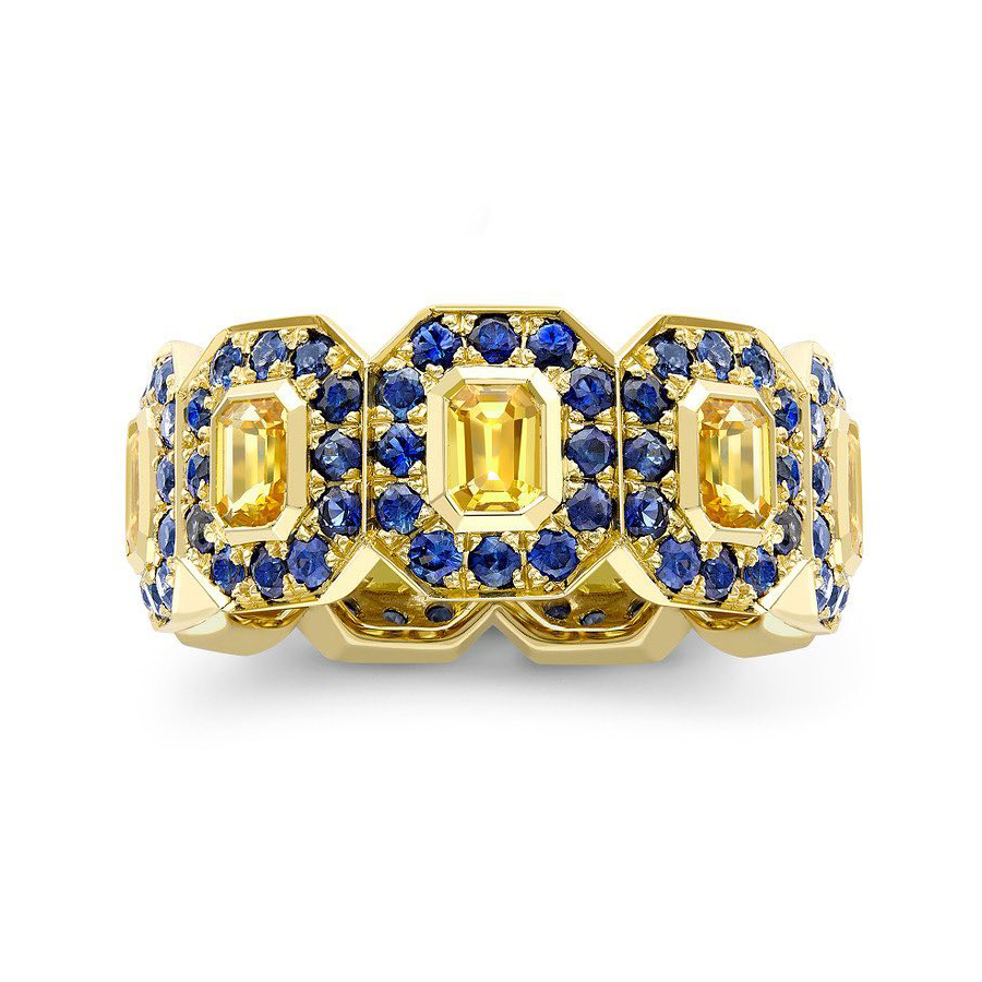 6.15ct Emerald Cut Yellow&Blue Sapphire Eternity Ring
