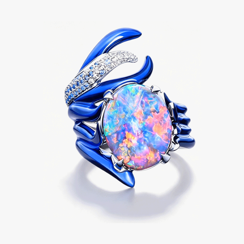 Art 6ct Oval Cut Opal Blue Enamel Sculptural Shank Engagement Ring