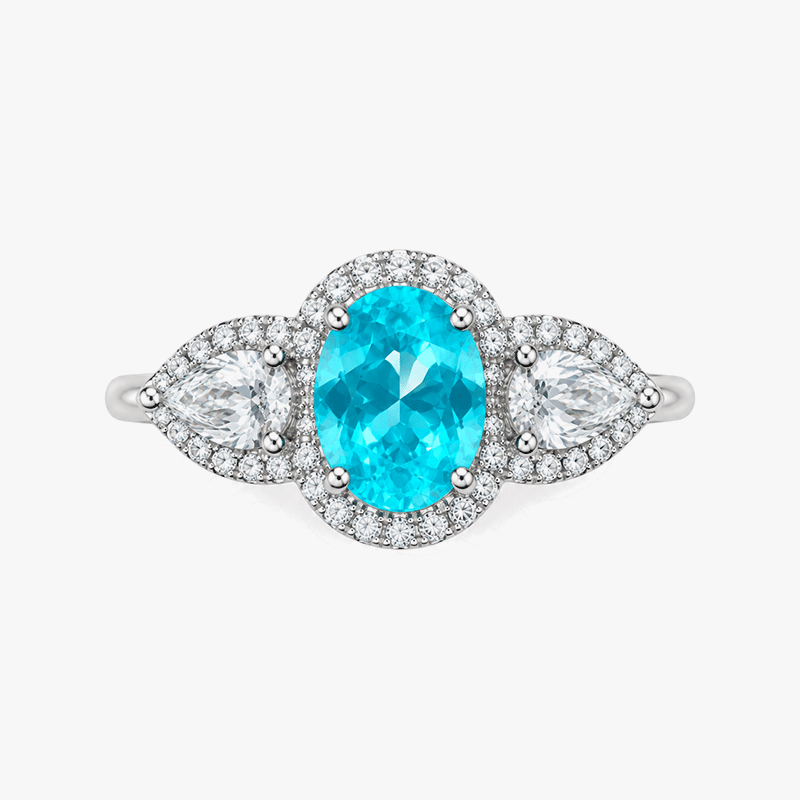 2ct Oval Cut Paraiba Sapphire Three Stone Halo Engagement Ring