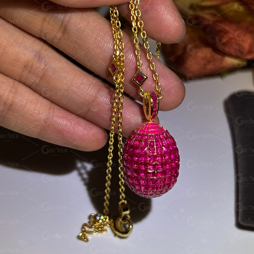 Invisible Setting Princess Cut Rainbow Egg Pendant Necklace