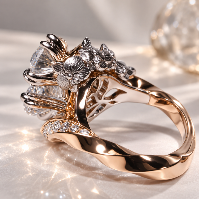 Vintage Toi et Moi Pear Cut White Sapphire Engagement Ring with Sculpted Orchid