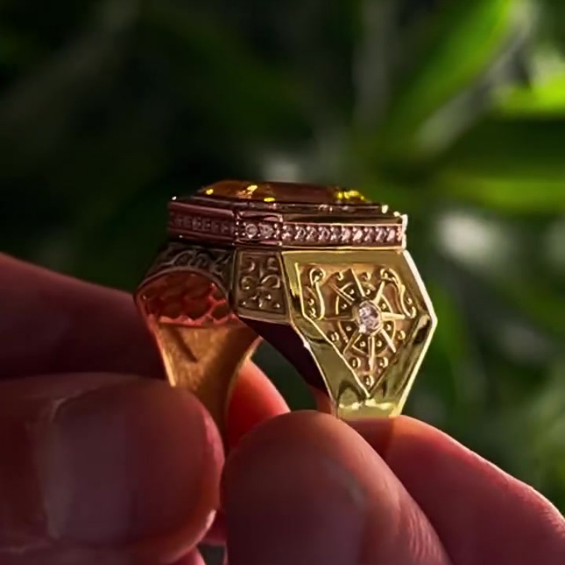 4ct Emerald Cut Yellow Sapphire Two-Tone Gold Vintage Engraved Men's Ring