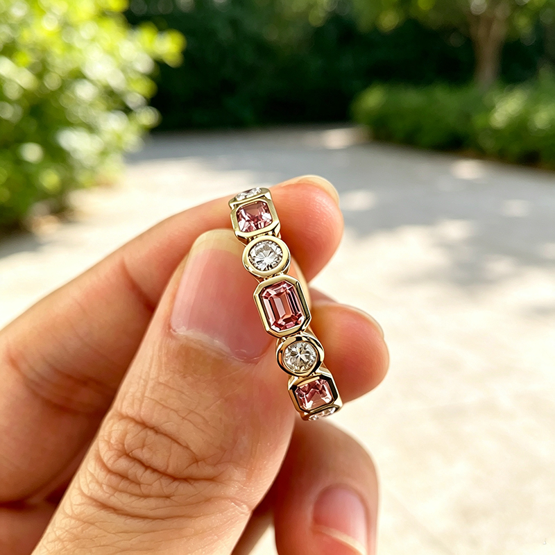 Fashion 5.58ctw Emerald Cut Pink & Round Cut White Sapphire Wedding Bands