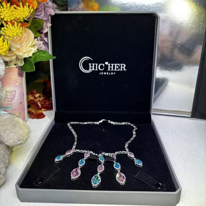 Marquise Cut Pink & Aquamarine Cascading Fringe Statement Necklace