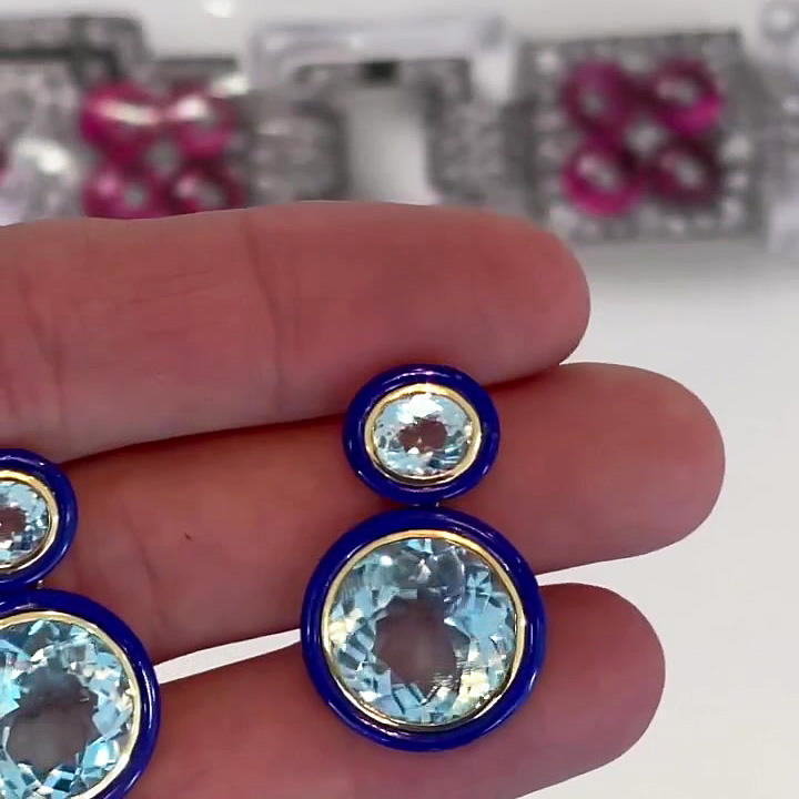 Round&Oval Cut Aquamarine Enamel Sapphire Drop Earrings