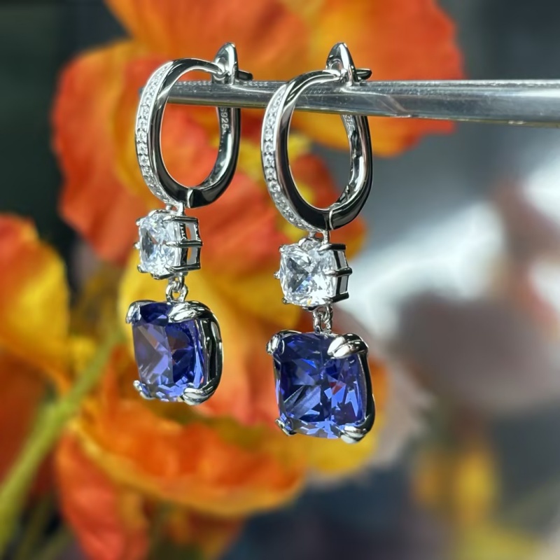 Cushion Cut Blue Sapphire Huggie Drop Earrings