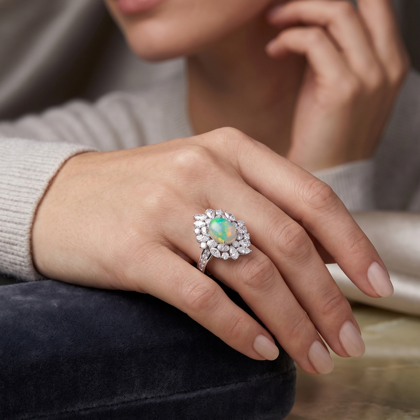 Original Design - Oval Cabochon Cut Opal & White Moissanite Engagement Ring
