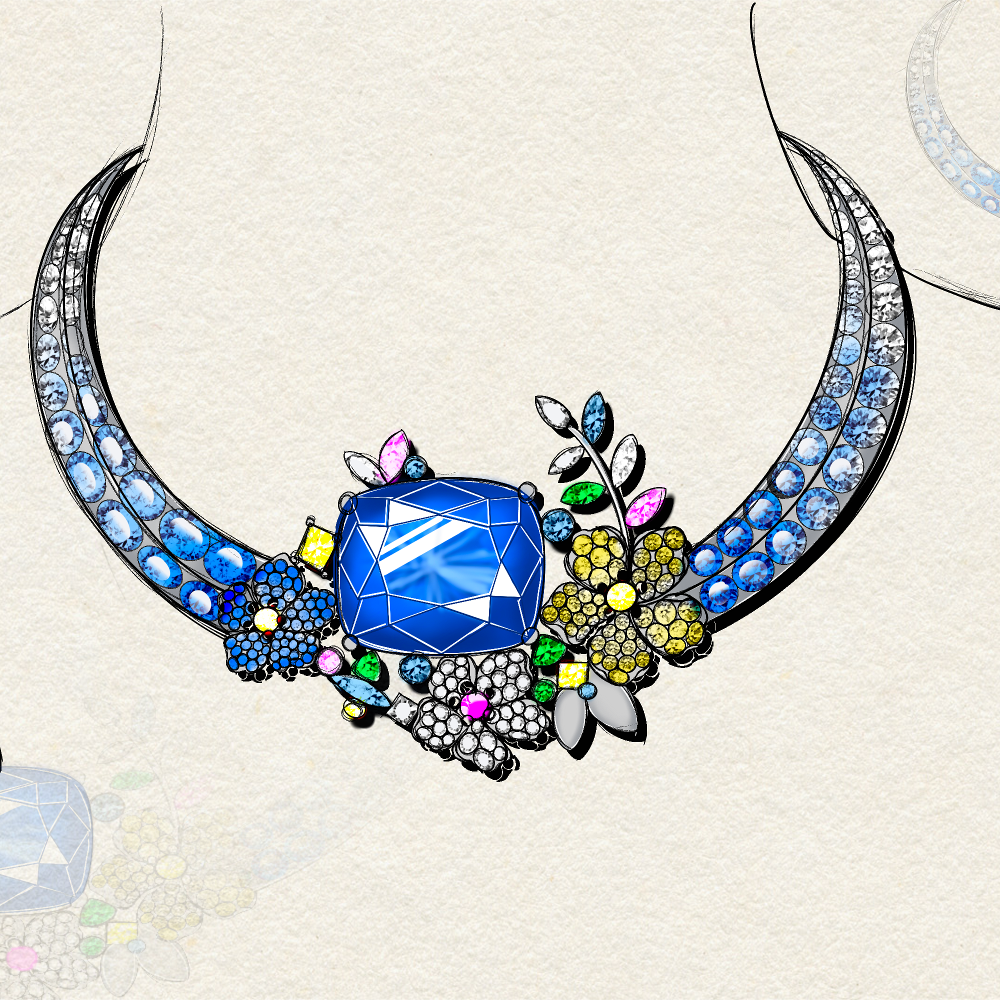 Original Design - Cushion Cut Blue Sapphire Flowers Necklace