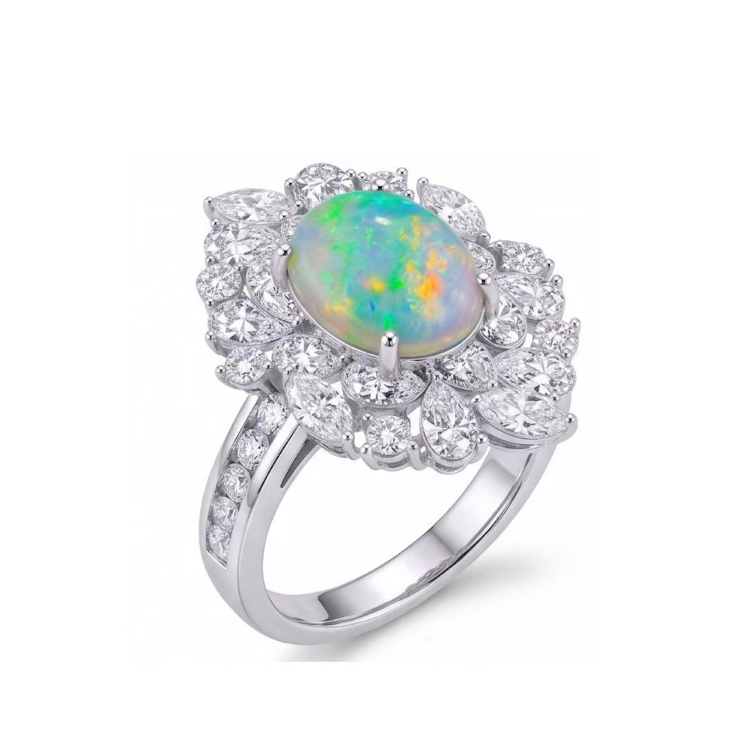 Original Design - Oval Cabochon Cut Opal & White Moissanite Engagement Ring