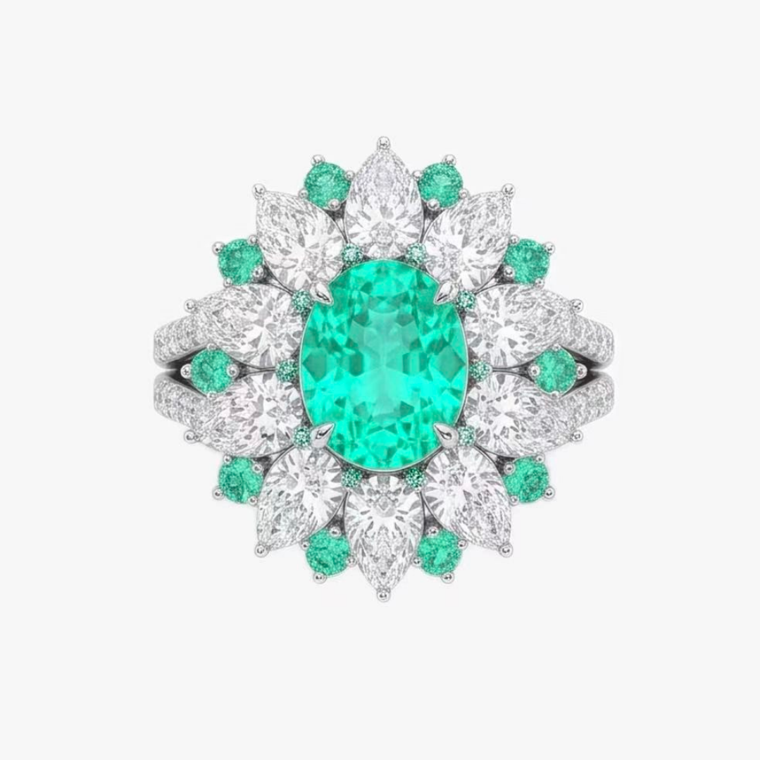 Original Design - 3ct Oval Cut Paraiba Sapphire & White Moissanite Engagement Ring