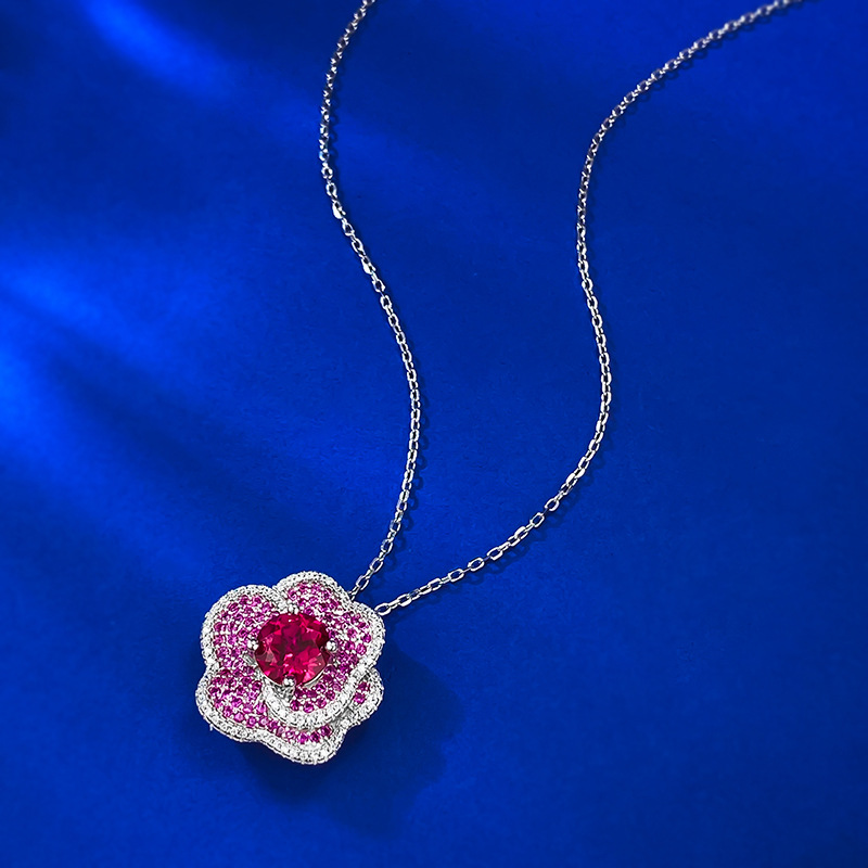 Fashion Rose Design Round Cut Garnet Sapphire Necklace