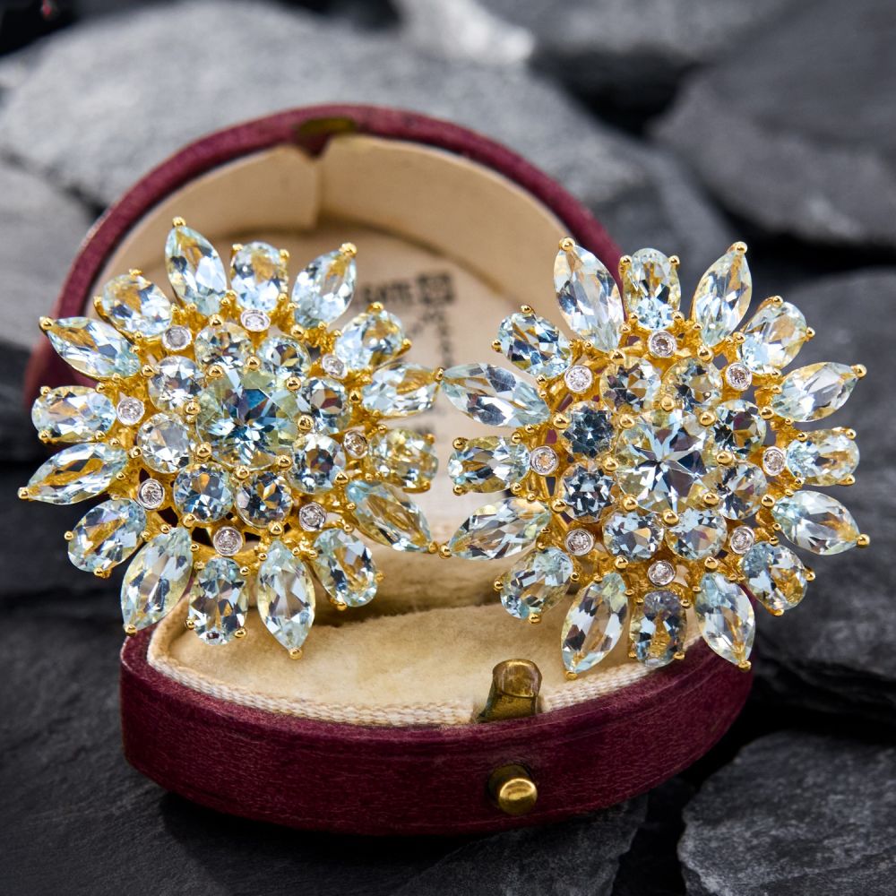 Sun Flower Aquamarine Sapphire Stud Earrings