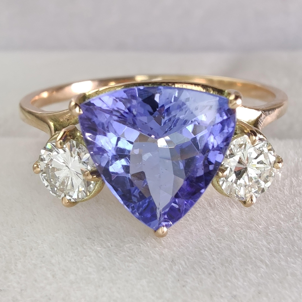 Three Stone 3ct Triangle Cut Tanzanite Sapphire Engagement Ring