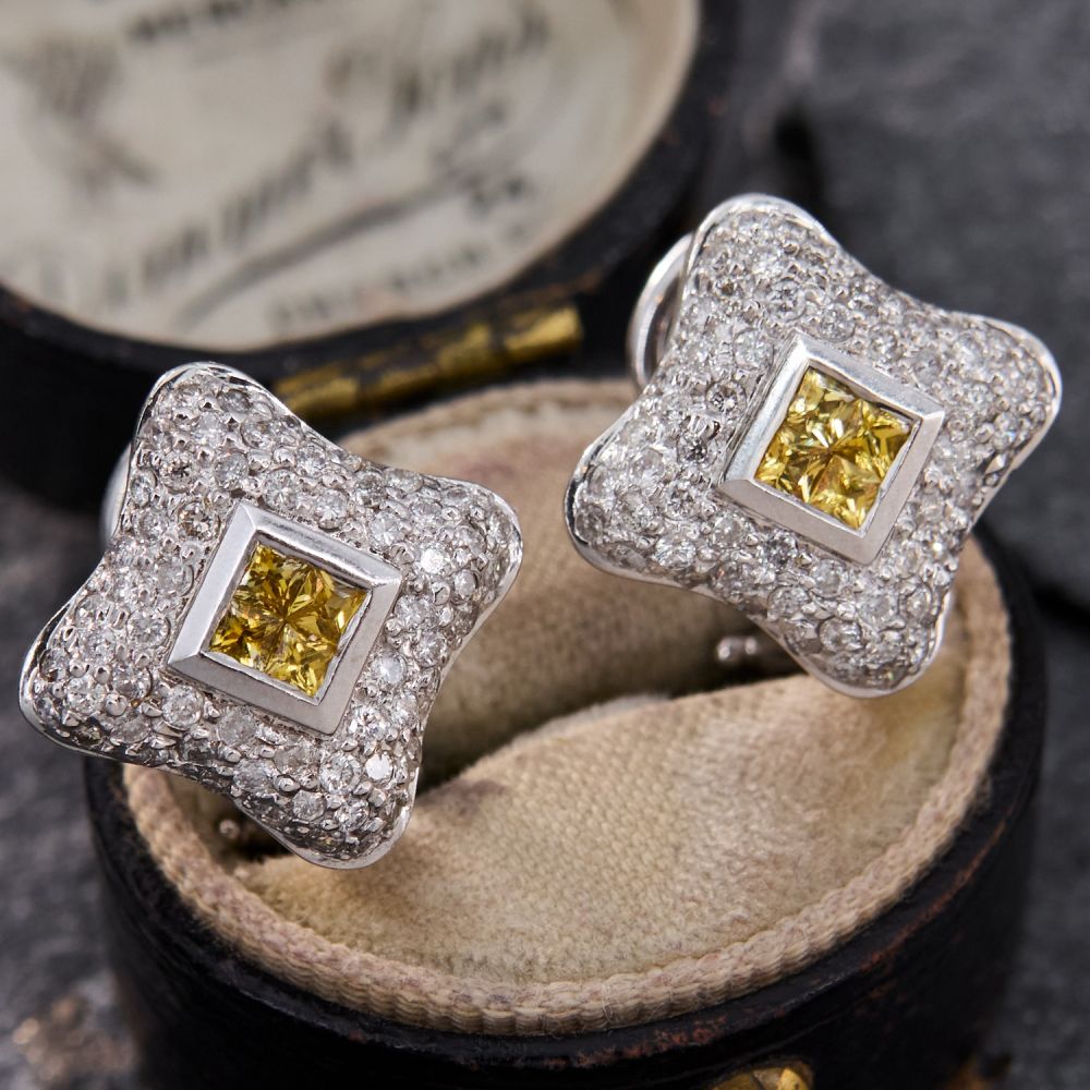 Four Leaf Clover Princess Cut Yellow Sapphire Stud Earrings