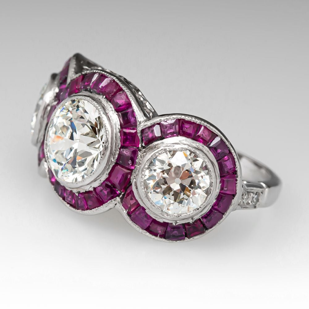 Art Deco Ruby Halo 5ct Round Cut White Sapphire Three Stone Ring