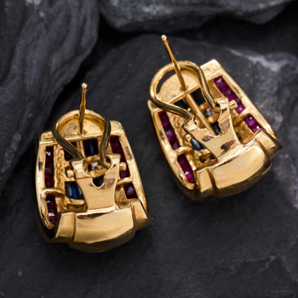 Three Tone Blue&Ruby&White Sapphire Hoop Earrings