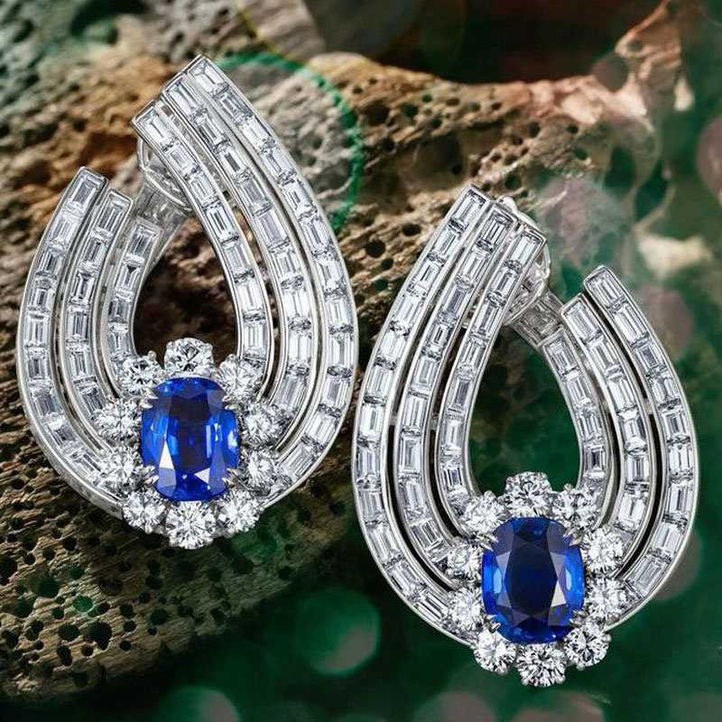 Halo Cushion Cut Blue Sapphire Hoop Earrings