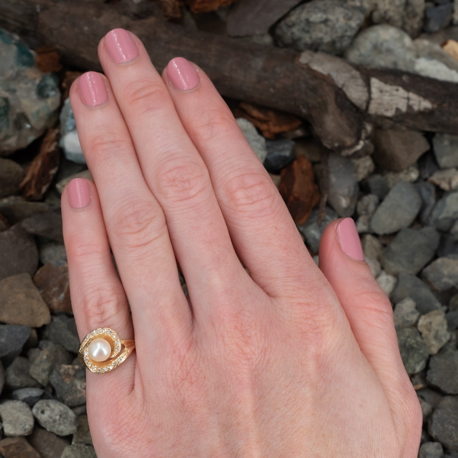 9mm Pearl Round Cut White Sapphire Engagement Ring