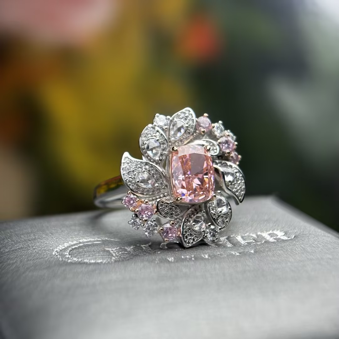 Original Design - 2ct Cushion Cut Pink Sapphire & White Moissanite Engagement Ring