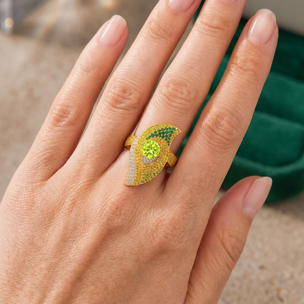 Original Design - 1ct Round Cut Apple Green Sapphire Engagement Ring