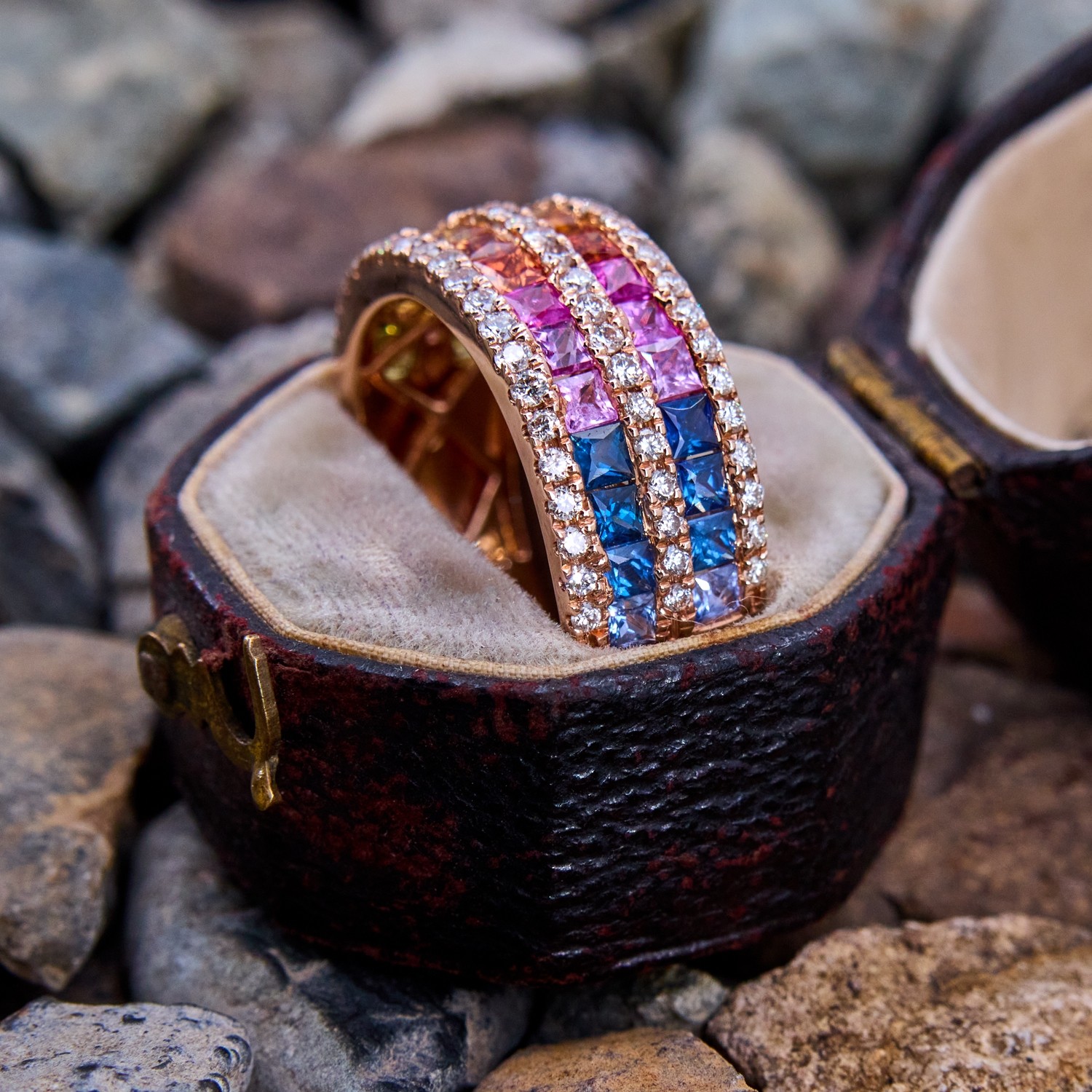 3.53ct Princess Cut Rainbow Sapphire Eternity Ring