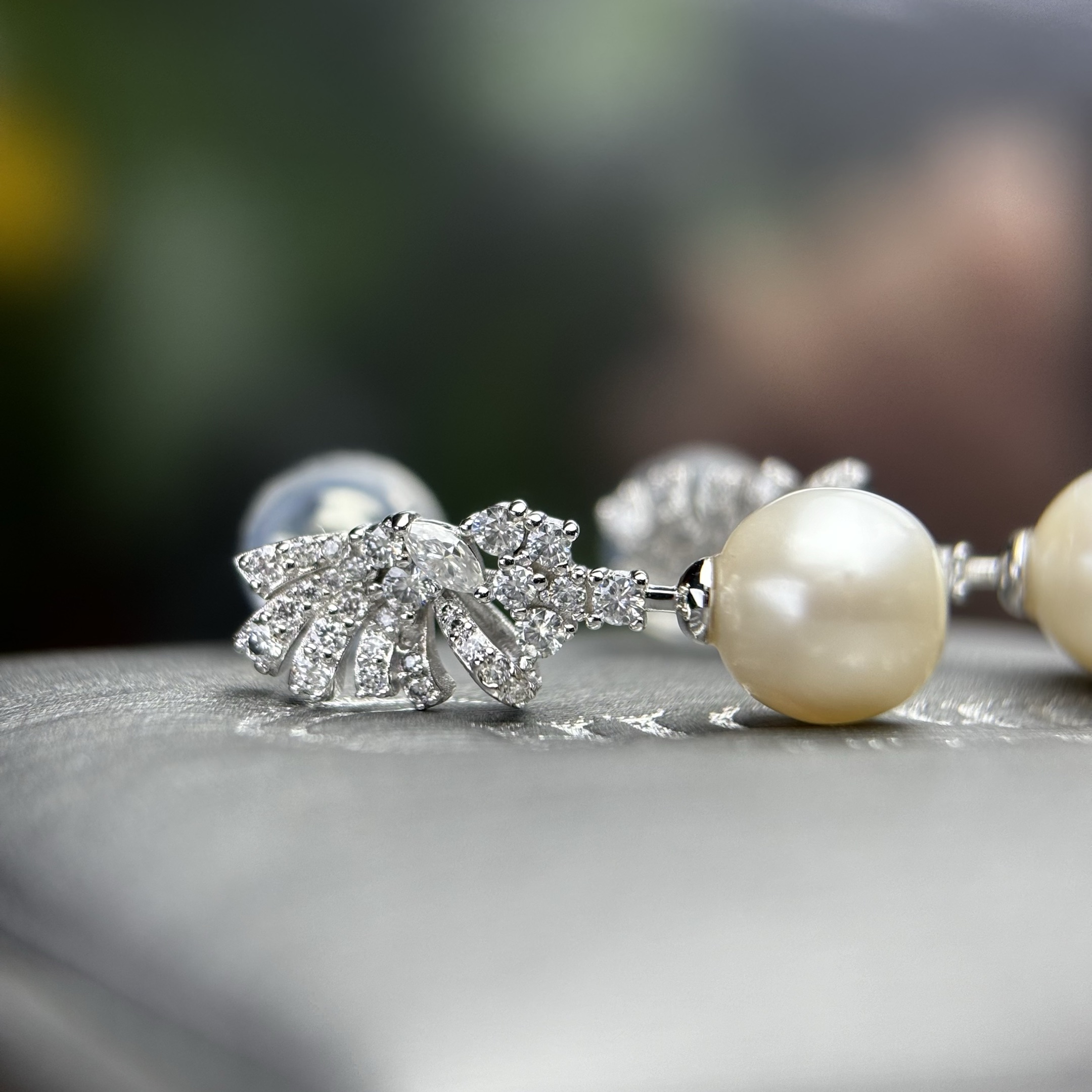 Original Design - Fresh Water Pearl & White Moissanite Dangle Earrings