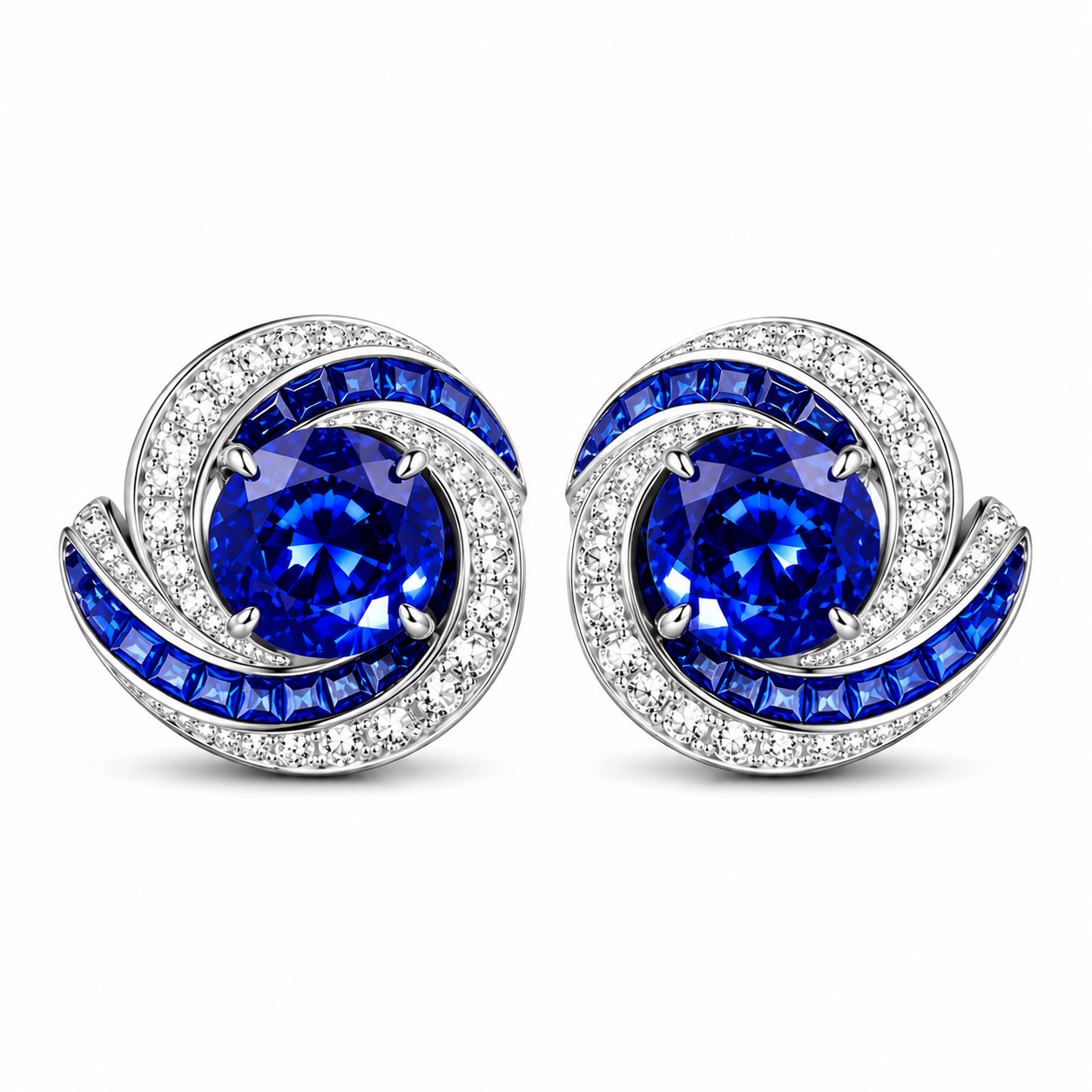 Luxury Round Cut Royal Blue Sapphire Swirl Halo Stud Earrings