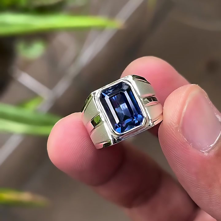 5ct Bezel Setting Emerald Cut Blue Sapphire Men's Engagement Ring