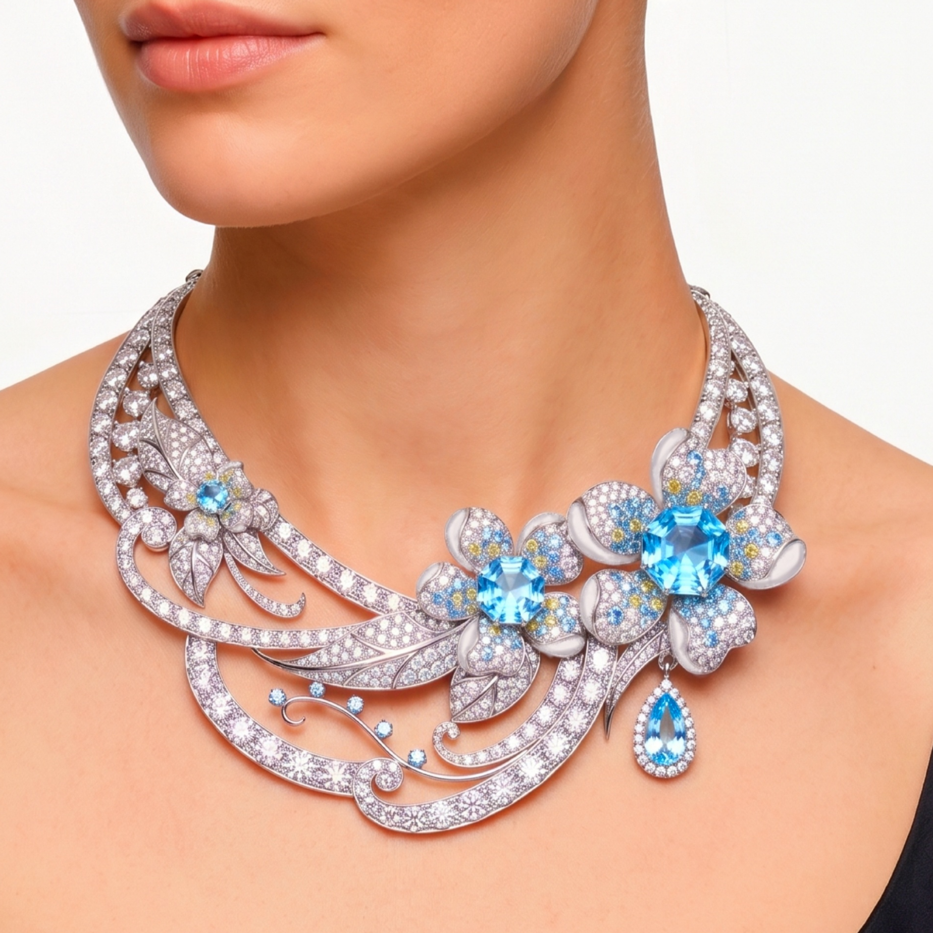 Original Design - Rose Cut Aquamarine Sapphire Flowers Necklace