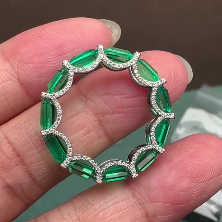 10ctw Emerald Cut Emerald & White Sapphire Pavé Eternity Band