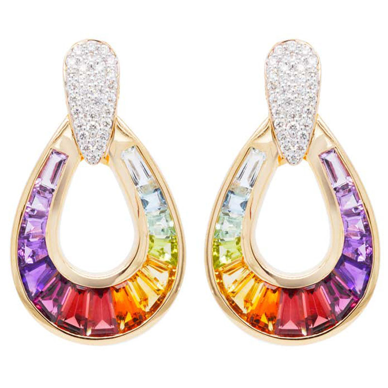 Baguette&Round Cut Rainbow Sapphire Dangle Earrings