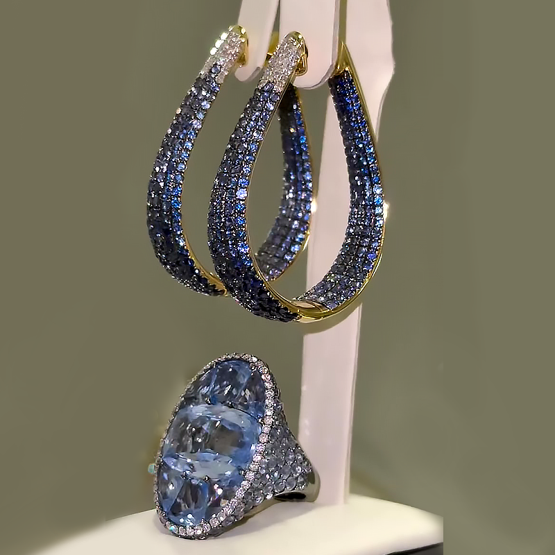 Gradient Sapphire Earrings And Aquamarine Ring Jewelry Set