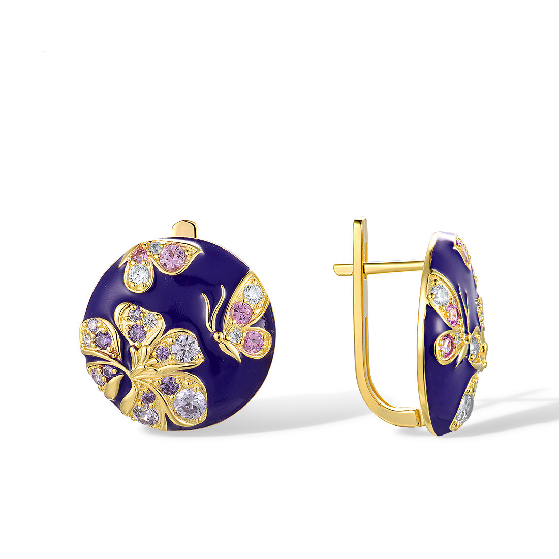 Blue Enamel Butterfly Flower Sapphire Stud Earrings