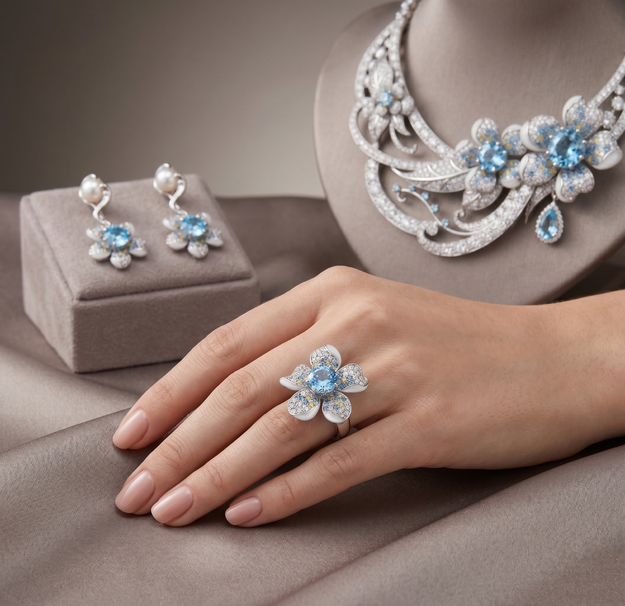 Original Design - Rose Cut Aquamarine Sapphire Flowers Necklace