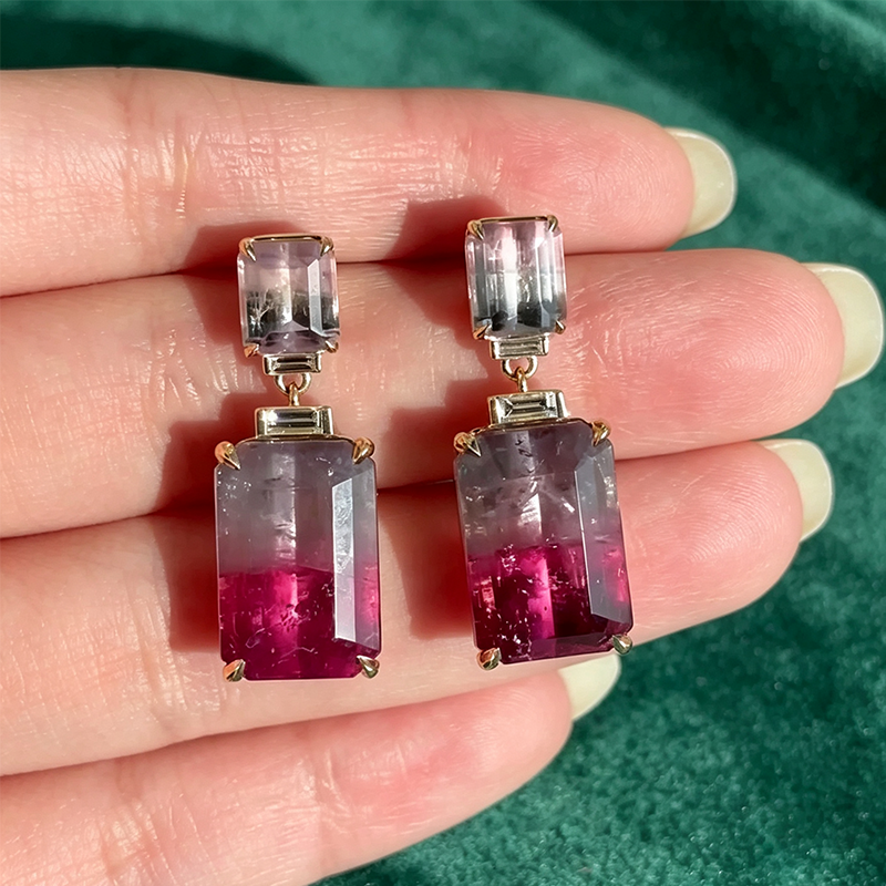 Emerald Cut Watermelon Bi-Color Tourmaline Drop Earrings