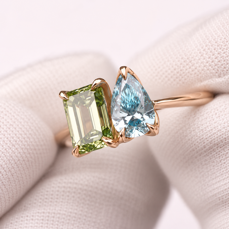 3ct Emerald Cut Green & Pear Cut Aquamarine Sapphire Two-Stone Engagement Ring