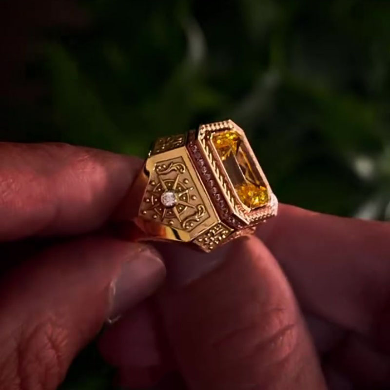 4ct Emerald Cut Yellow Sapphire Two-Tone Gold Vintage Engraved Men's Ring