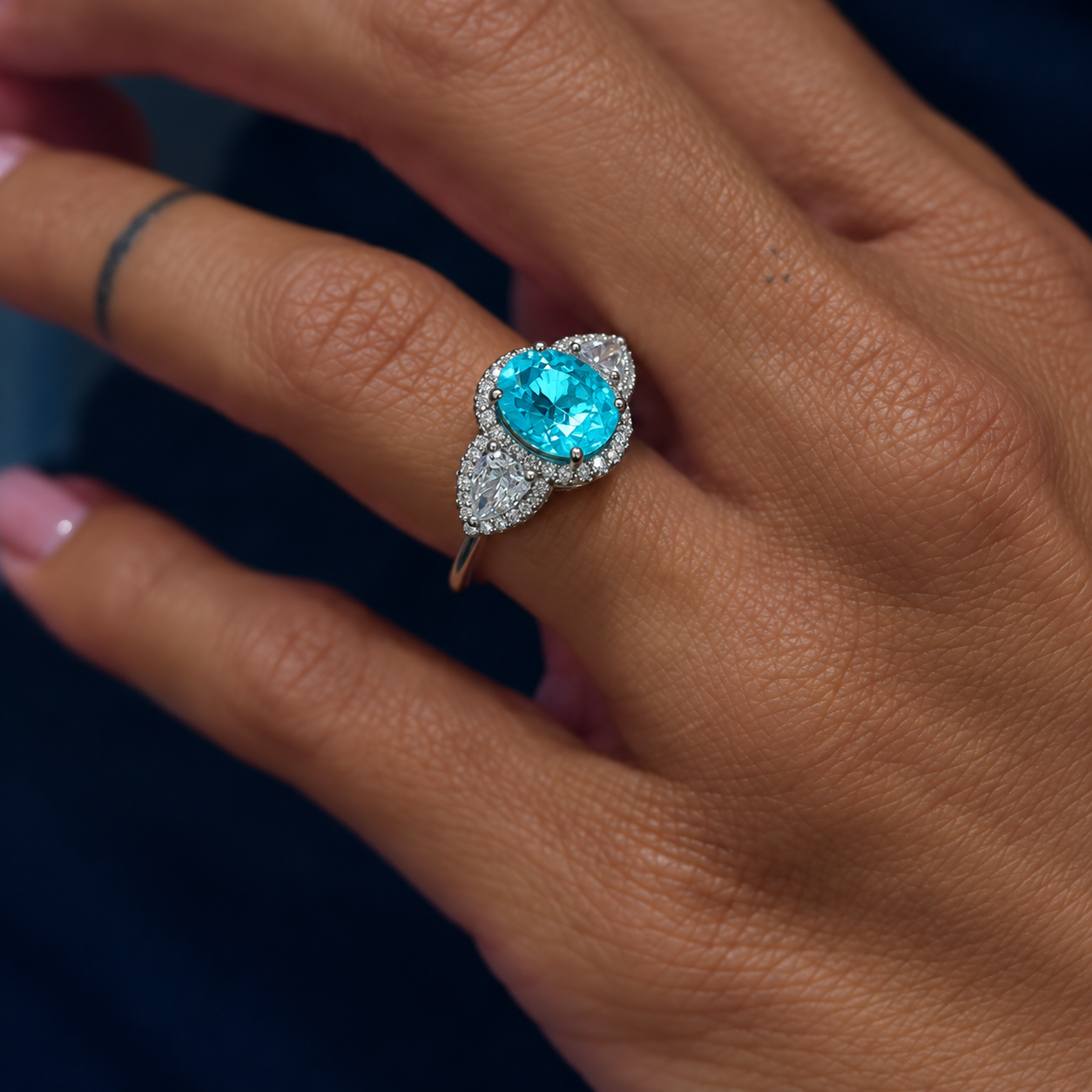 2ct Oval Cut Paraiba Sapphire Three Stone Halo Engagement Ring