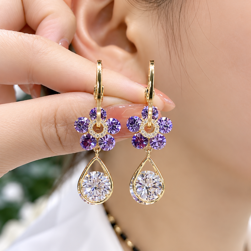Round Cut Violet & White Sapphire Flower Shaped Dangle Earrings - 1 Pair