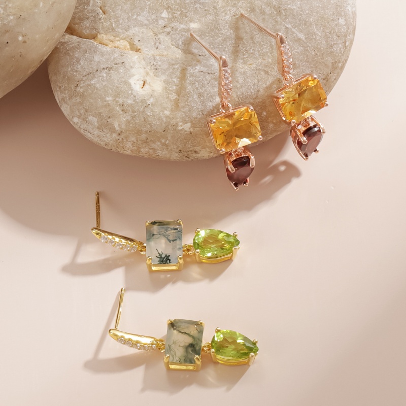 Multi-Cut Yellow Sapphire / Moss Agate Pendant Dangle Earring(Two Styles Available)