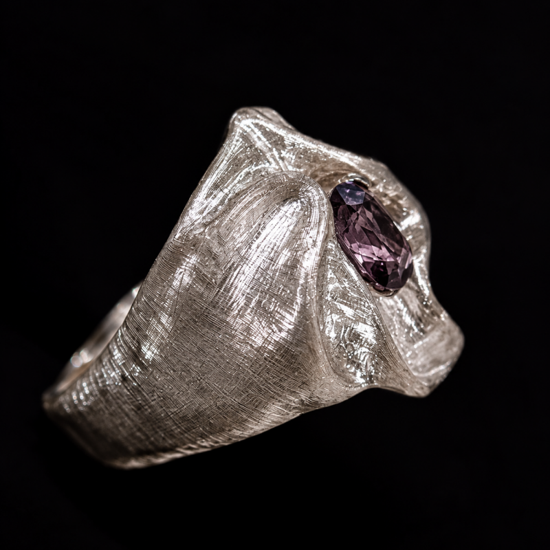 Art 1.25ct Oval Cut Purple Sapphire Fluid Brushed Textured Men's Ring