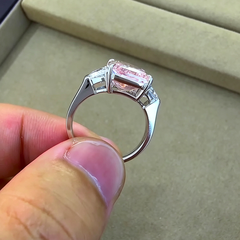 4.25ct Emerald Cut Pink Sapphire Three Stone Engagement Ring