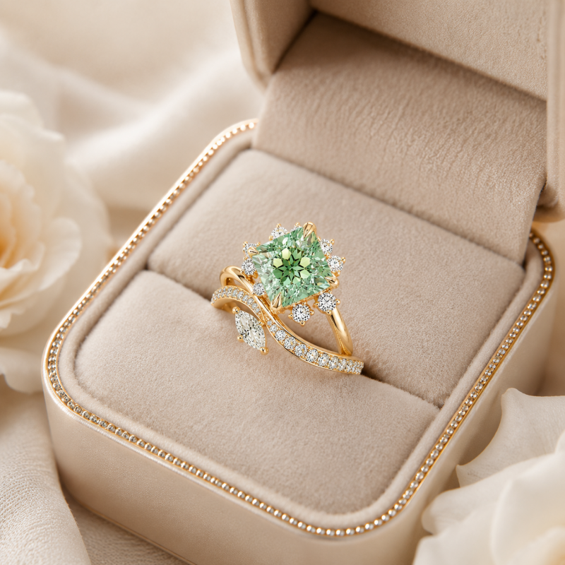 Fashion 3ct Cushion Cut Mint Green & White Sapphire Halo Engagement Ring