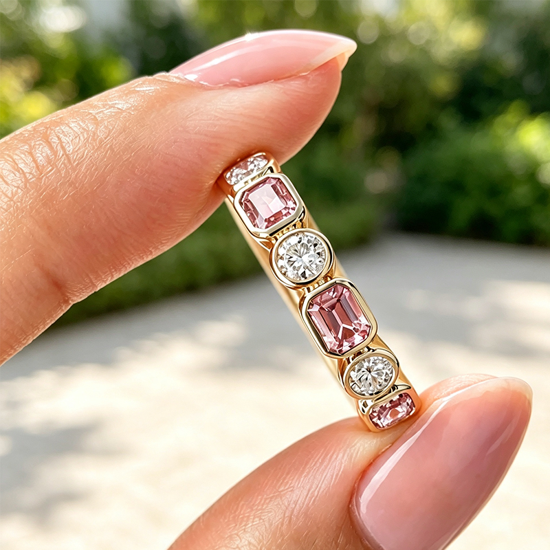 Fashion 5.58ctw Emerald Cut Pink & Round Cut White Sapphire Wedding Bands