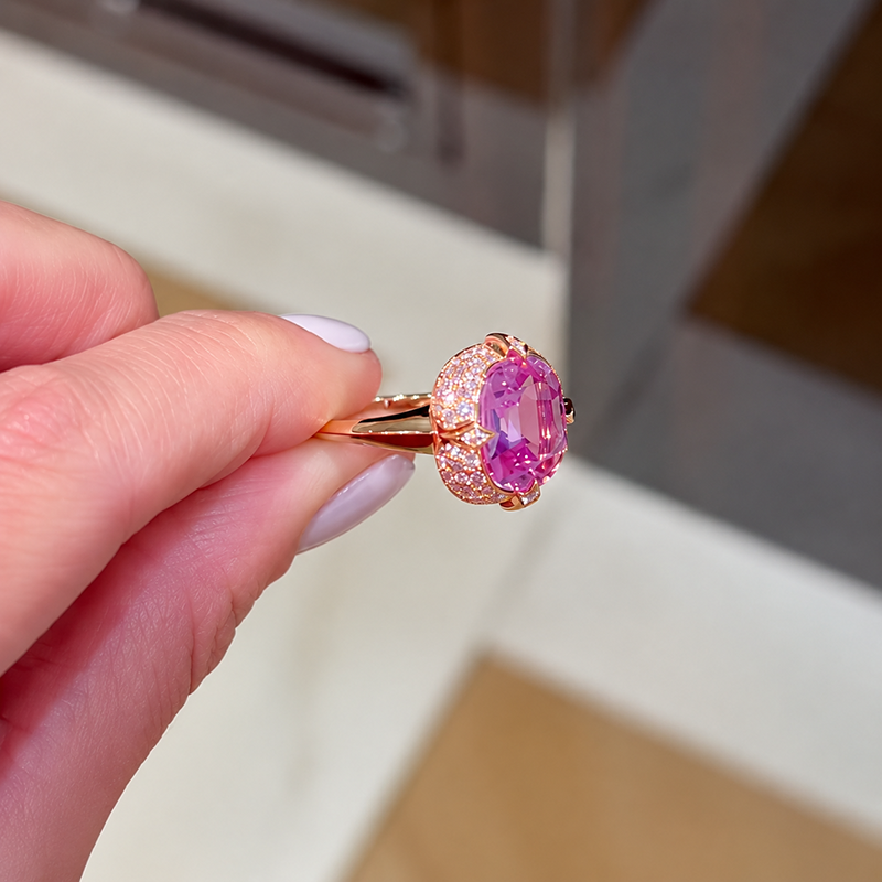 3.75ct Cushion Cut Pink Sapphire Halo Cocktail Ring with Round Cut White Sapphire Accents