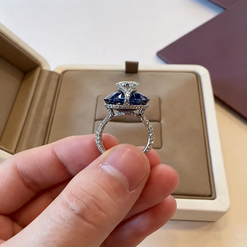 3D Layered 4.75ct Cushion Cut Blue & Round Cut White Sapphire Cocktail Ring