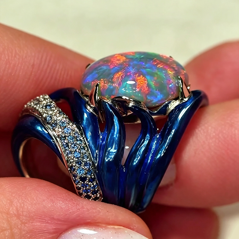 Art 6ct Oval Cut Opal Blue Enamel Sculptural Shank Engagement Ring